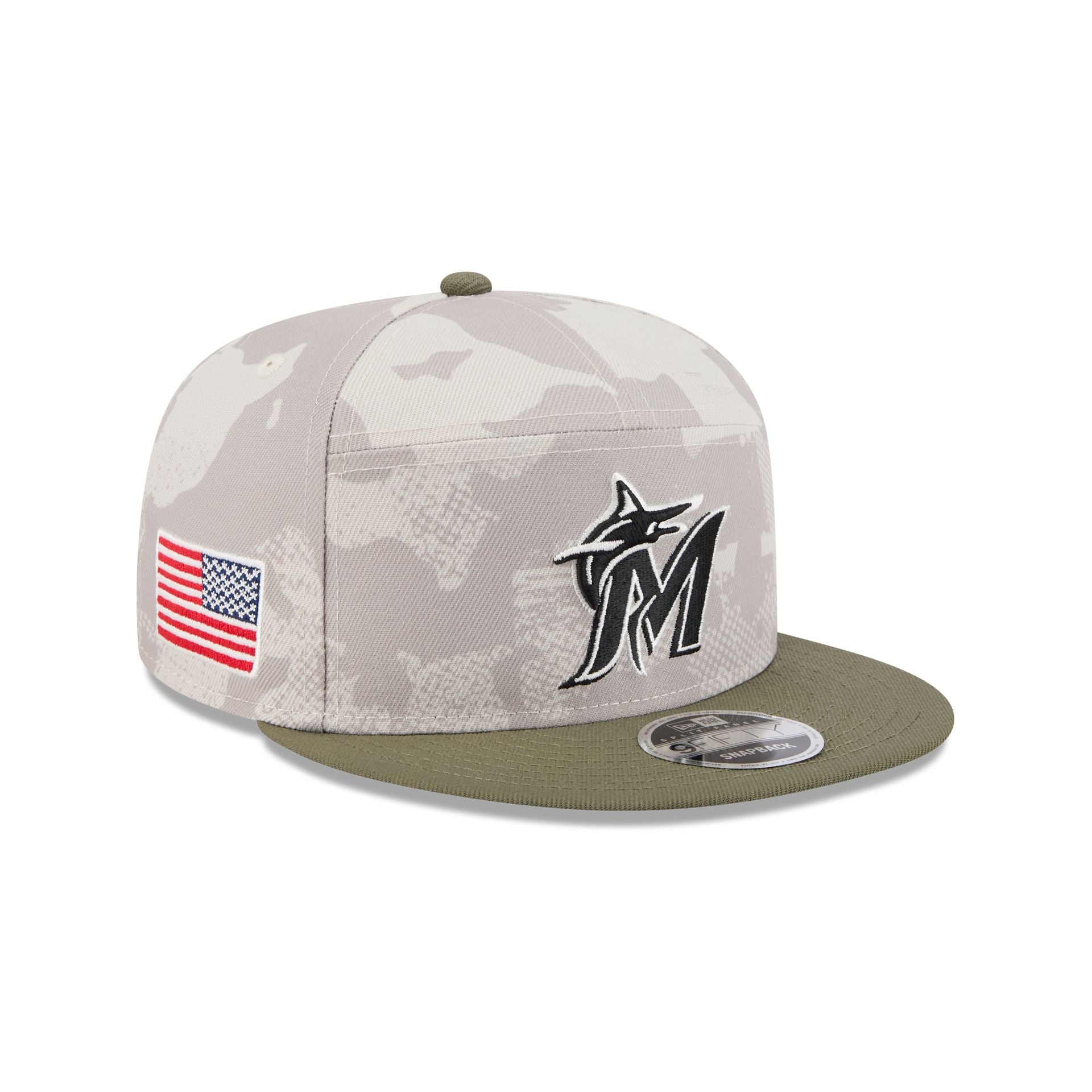 Miami Marlins Armed Forces Day 2025 Split Panel 9FIFTY Snapback Hat