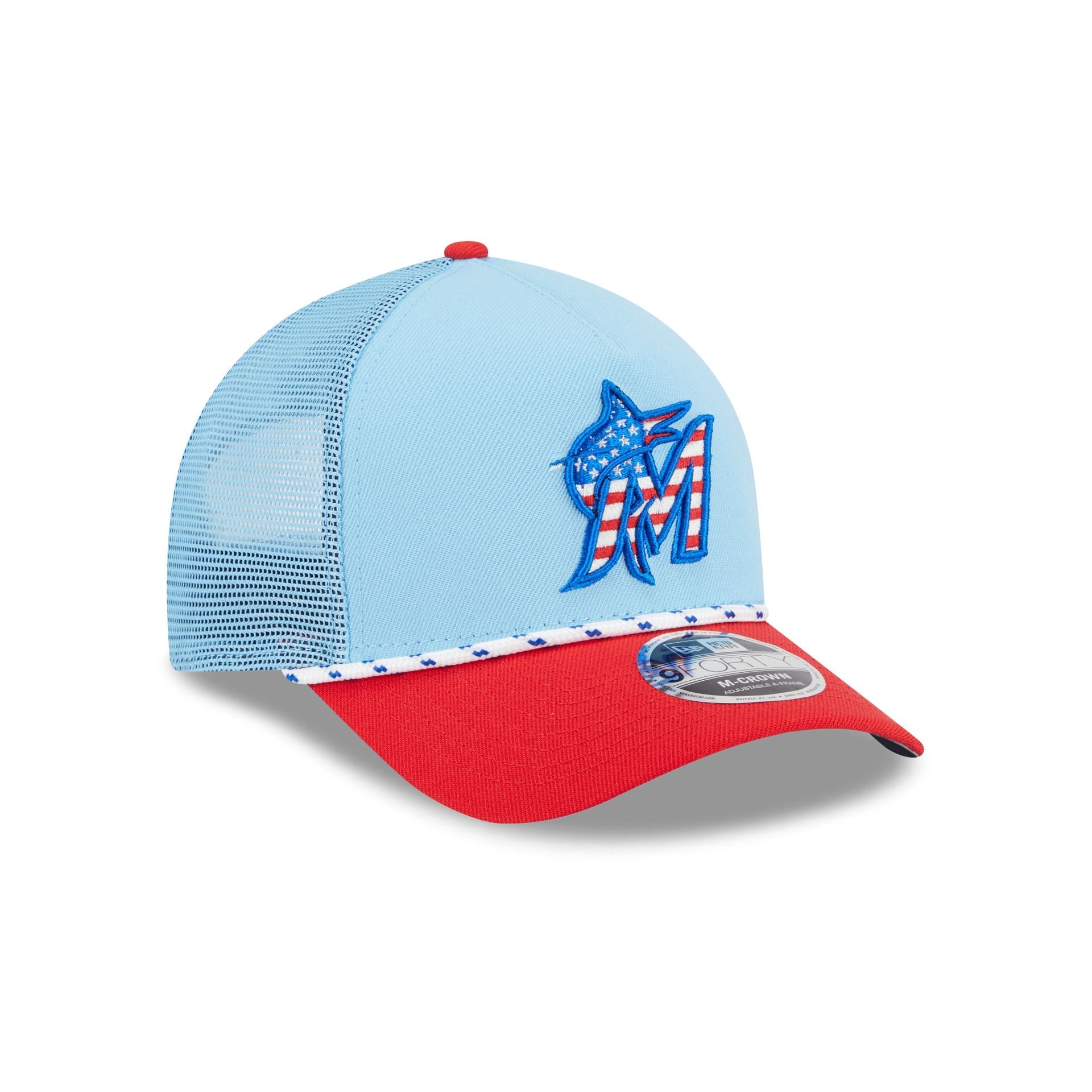 Miami Marlins Independence Day 2025 9FORTY M-Crown A-Frame Trucker Hat